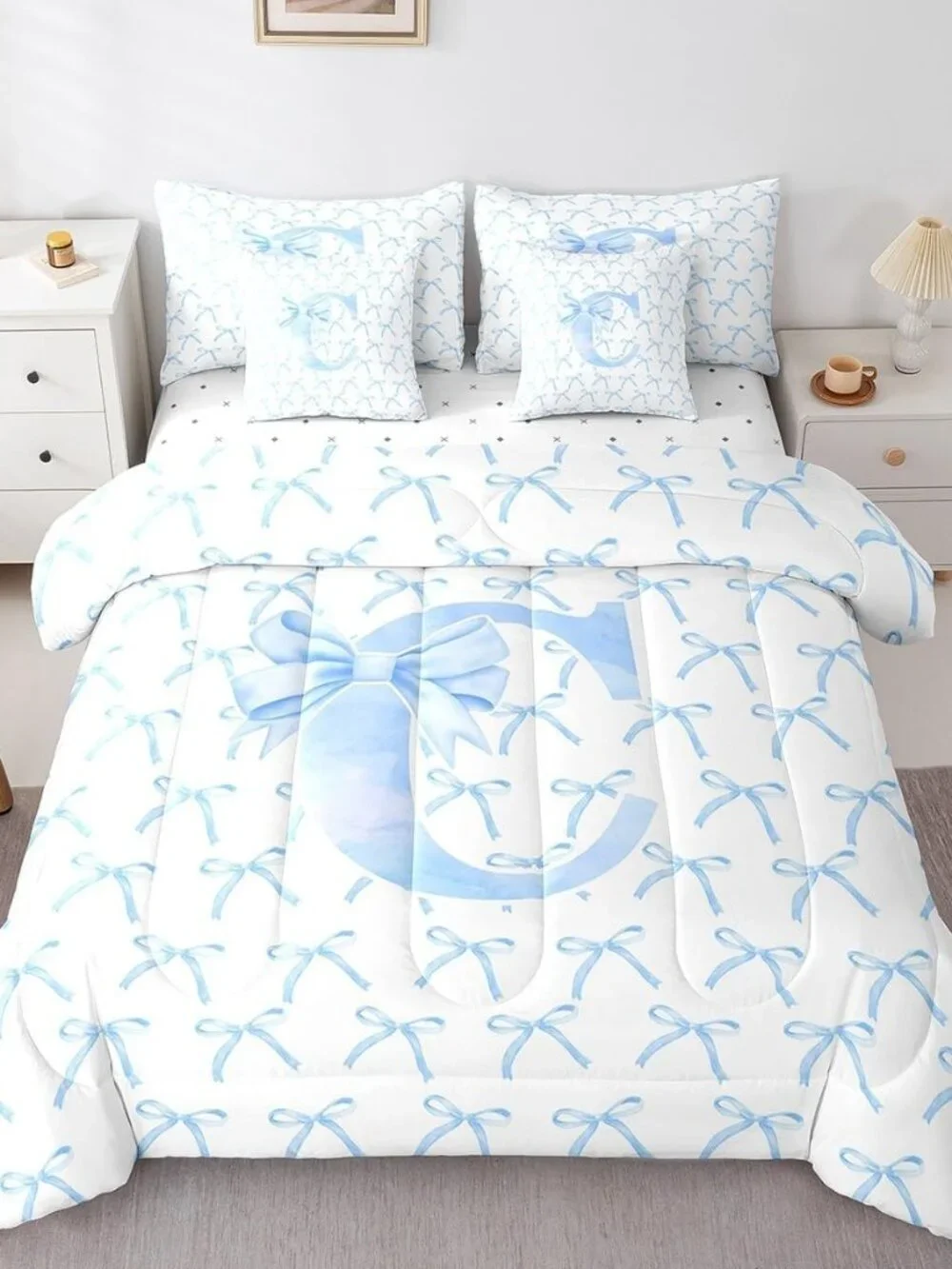 7 Pcs Cartoon Bowknot Kids Comforter Queen Size,Blue Bow Tie Letter C Knot Princ